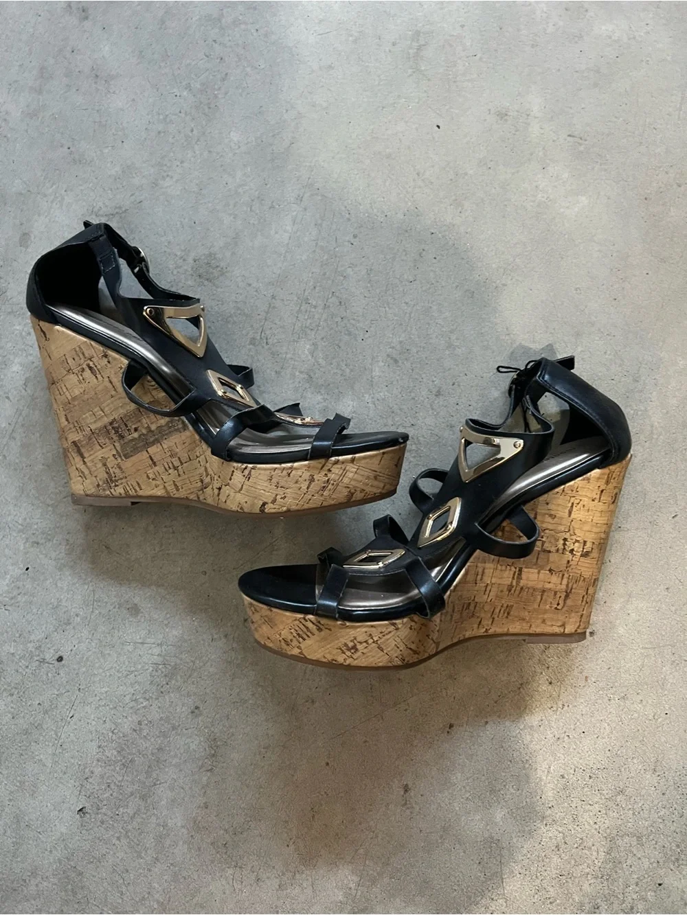 Montego Bay Club Black Wedge Sandals with Cork Platform and Gold Accents